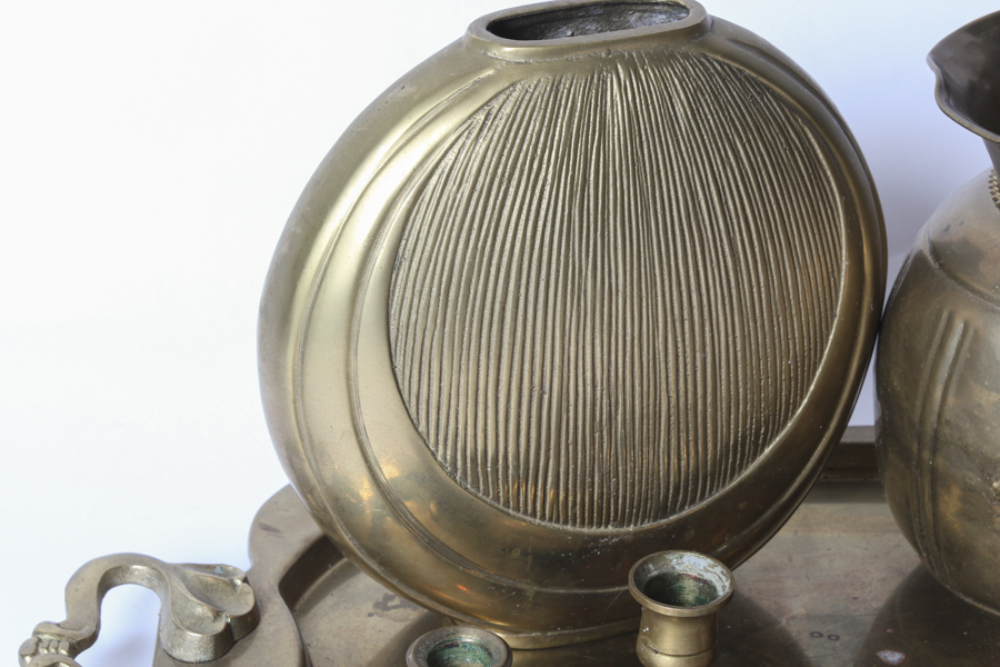 Gold Tone Tray and Candle Sticks