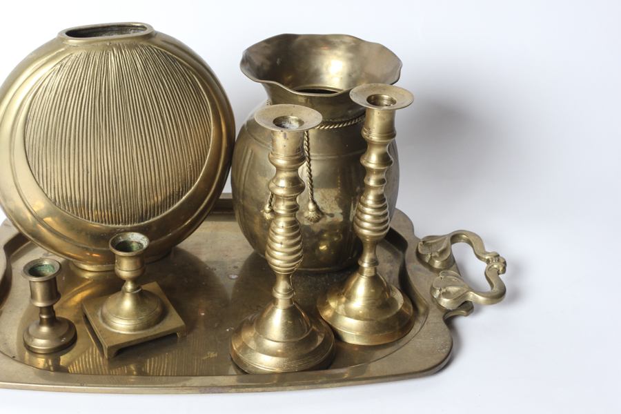 Gold Tone Tray and Candle Sticks