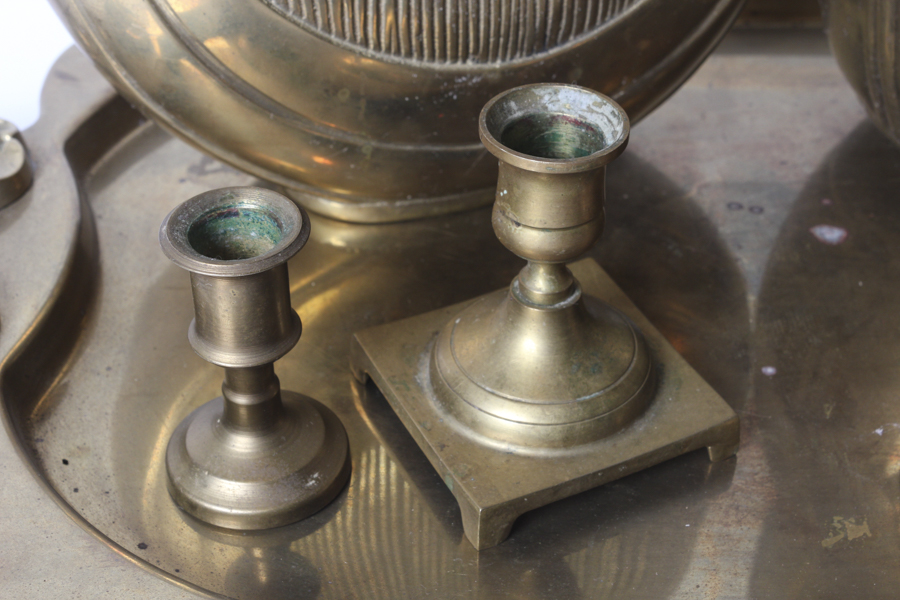 Gold Tone Tray and Candle Sticks