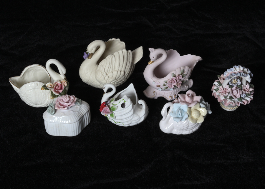 Grouping of Bisque and Porcelain Swans