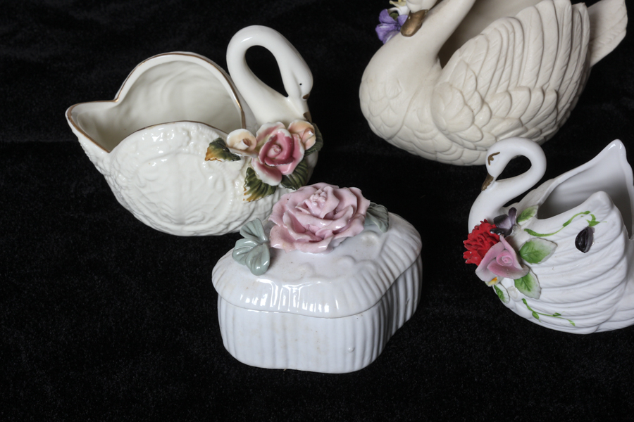 Grouping of Bisque and Porcelain Swans
