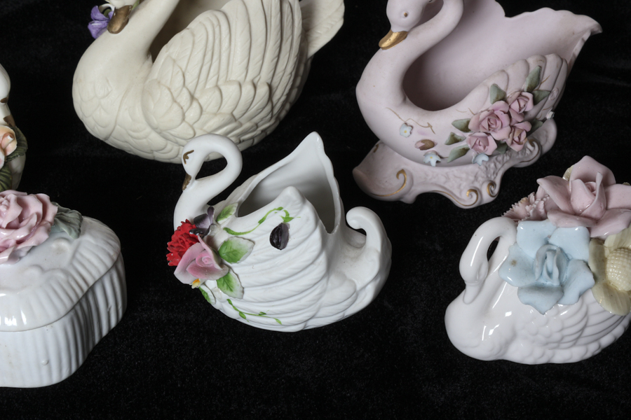 Grouping of Bisque and Porcelain Swans