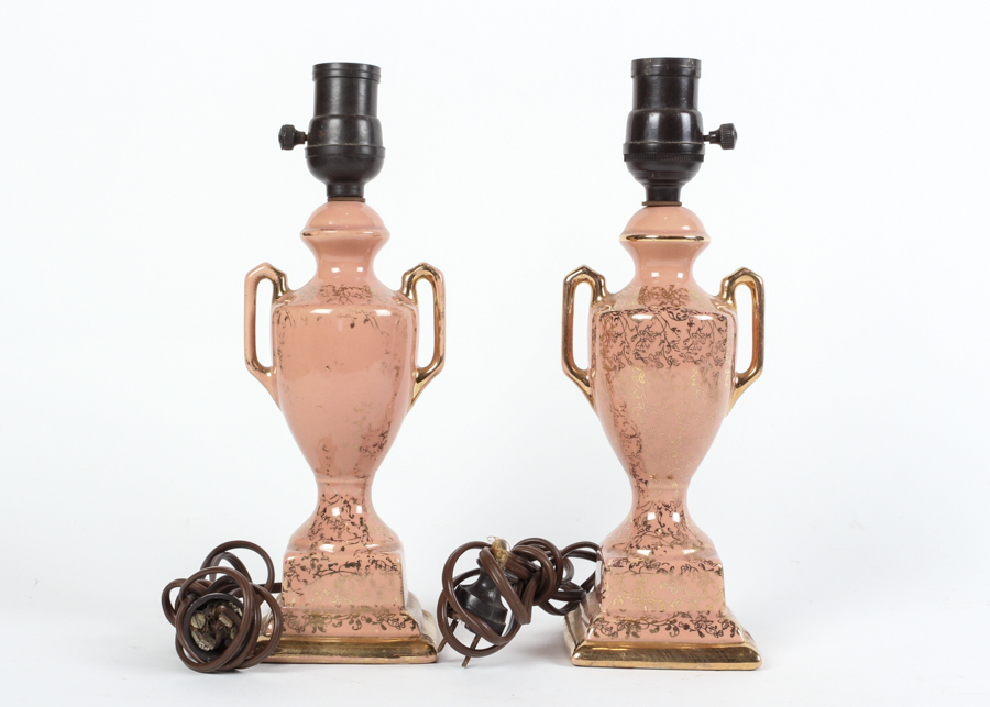 Pair of Bubblegum Pink Porcelain Lamps with Gold Trim