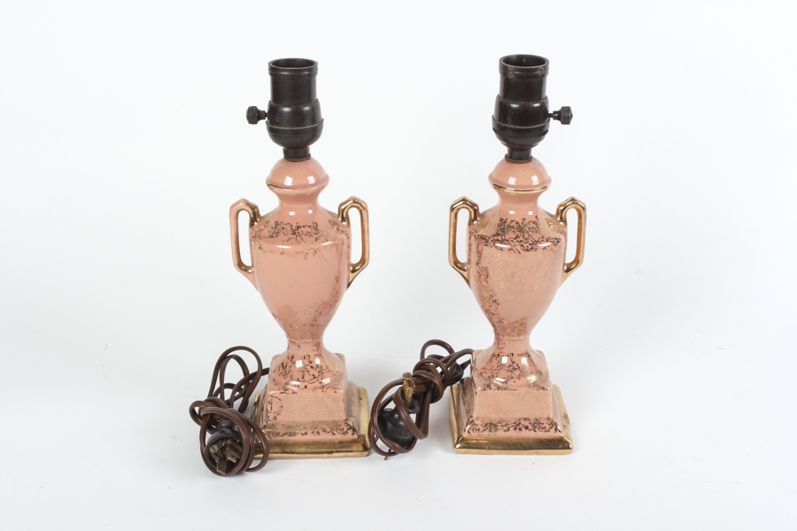 Pair of Bubblegum Pink Porcelain Lamps with Gold Trim