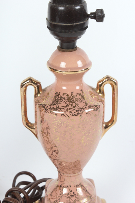 Pair of Bubblegum Pink Porcelain Lamps with Gold Trim