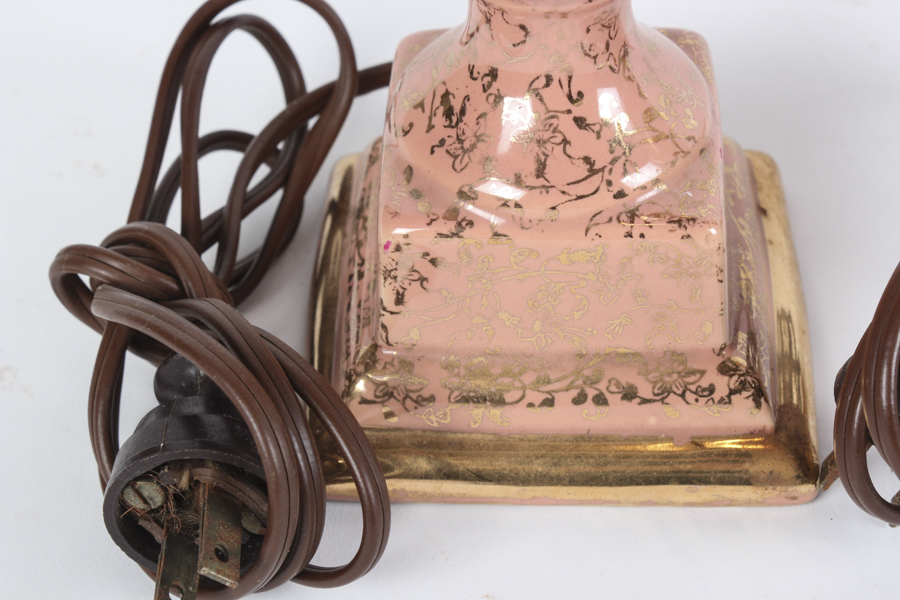 Pair of Bubblegum Pink Porcelain Lamps with Gold Trim