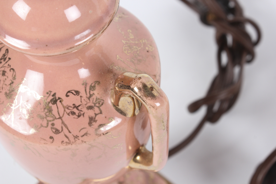 Pair of Bubblegum Pink Porcelain Lamps with Gold Trim
