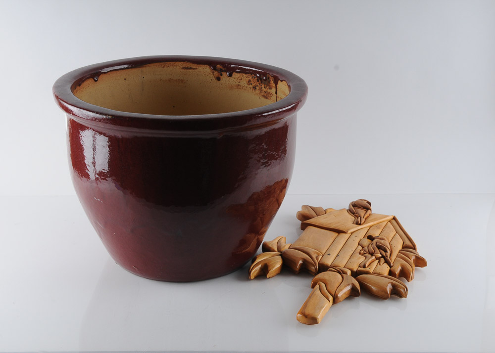 Ceramic Planter and Wooden Wall Decoration