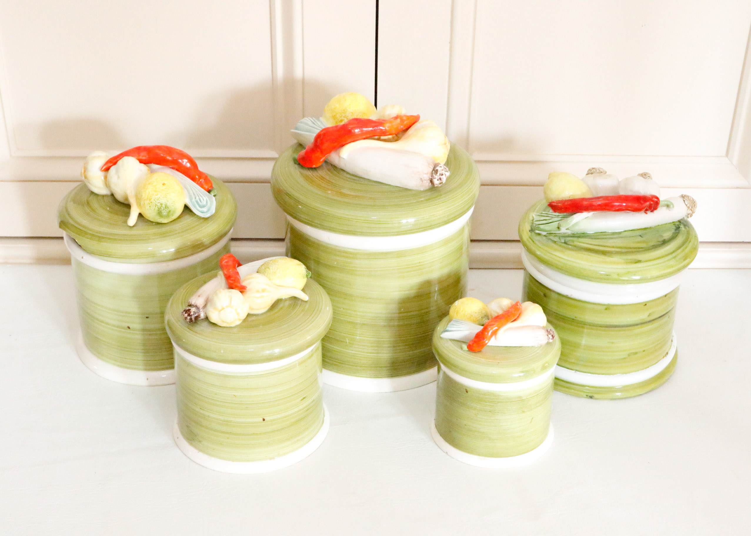 Hand Painted Canister Set with Majolica Vegetable Lids
