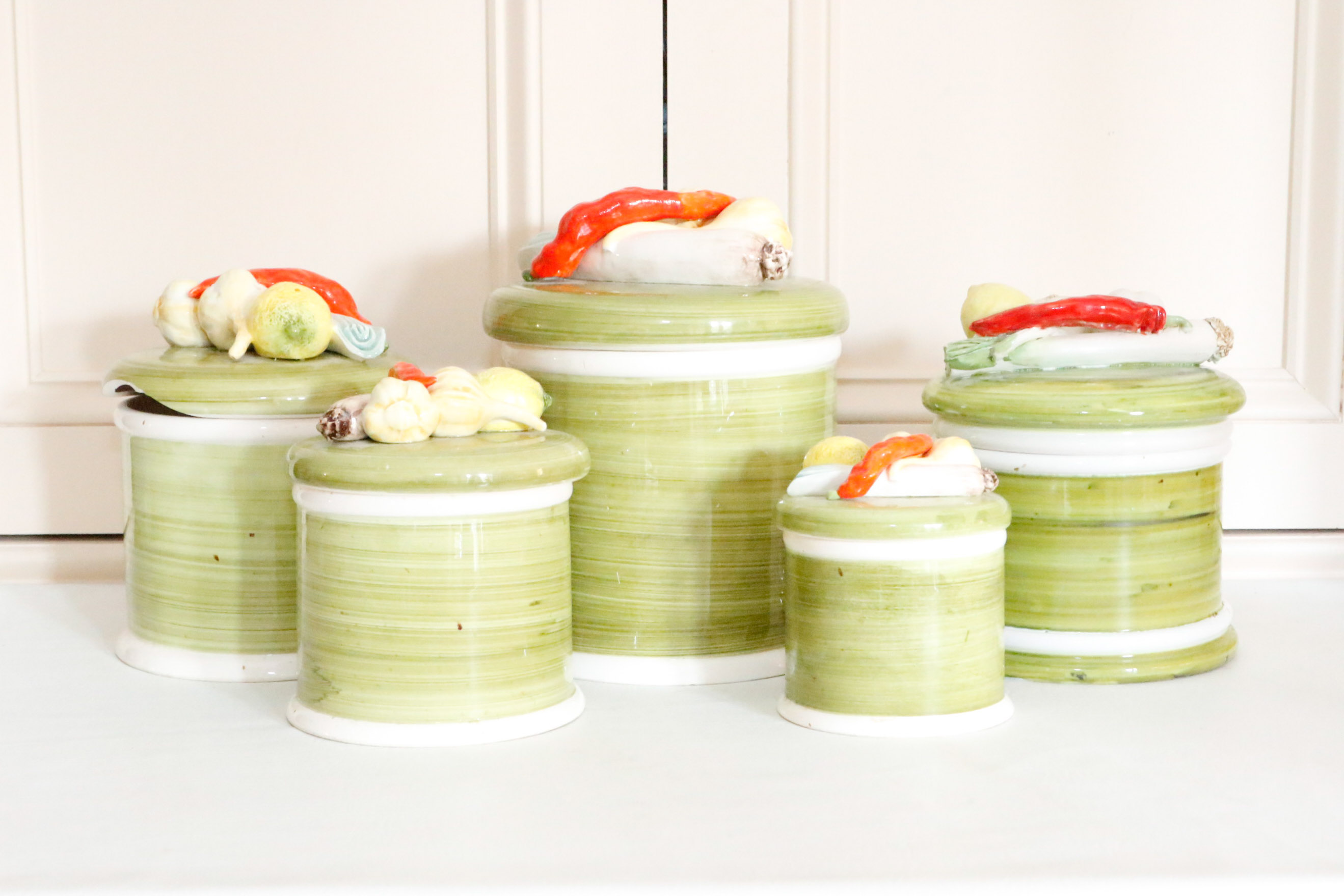 Hand Painted Canister Set with Majolica Vegetable Lids