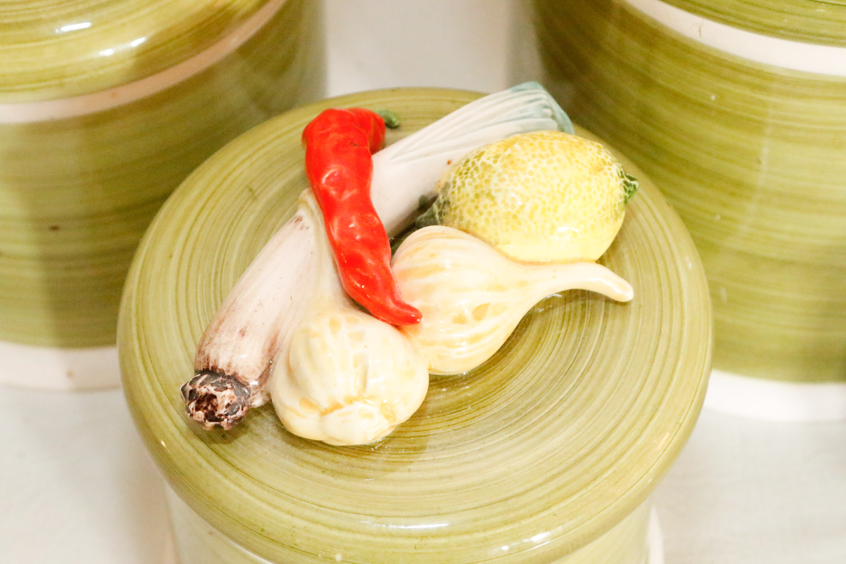 Hand Painted Canister Set with Majolica Vegetable Lids