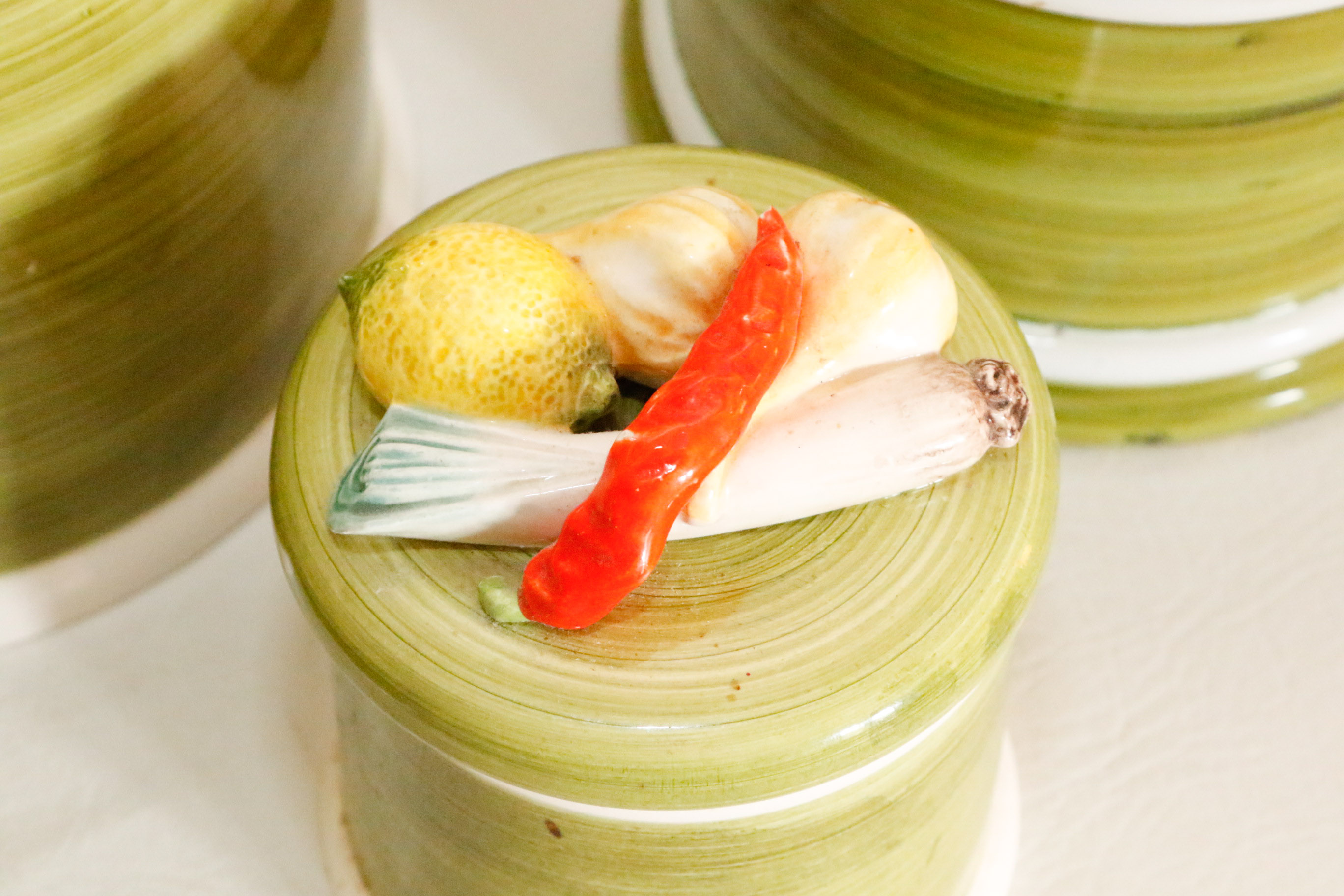 Hand Painted Canister Set with Majolica Vegetable Lids