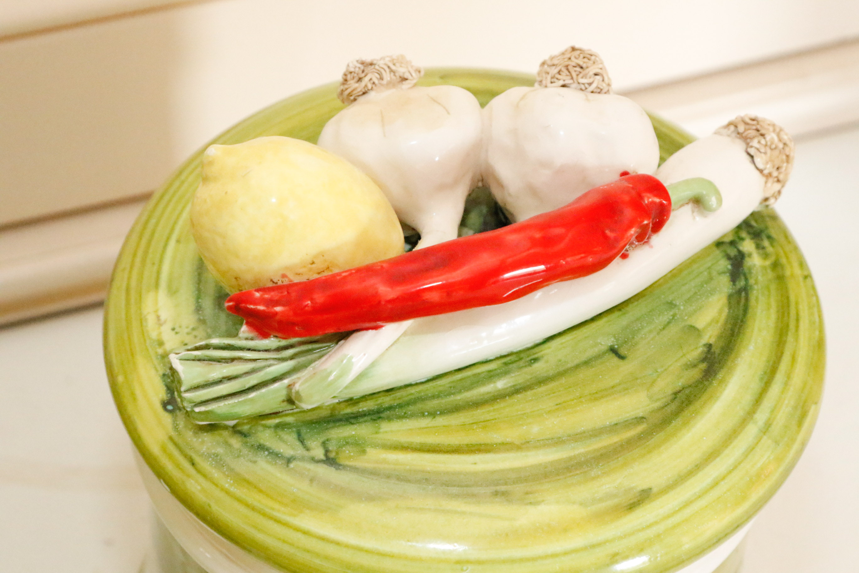 Hand Painted Canister Set with Majolica Vegetable Lids