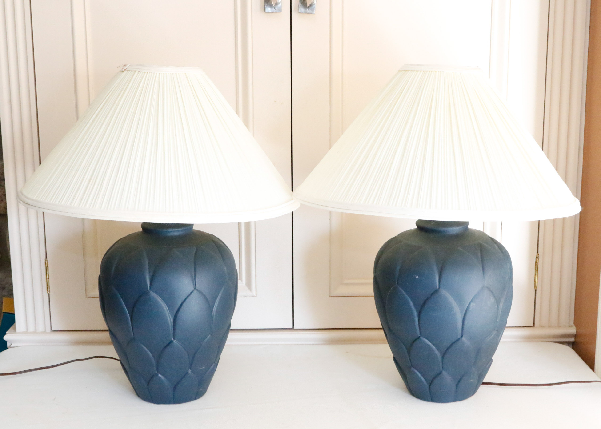 Set of Two Navy Ceramic Lamps