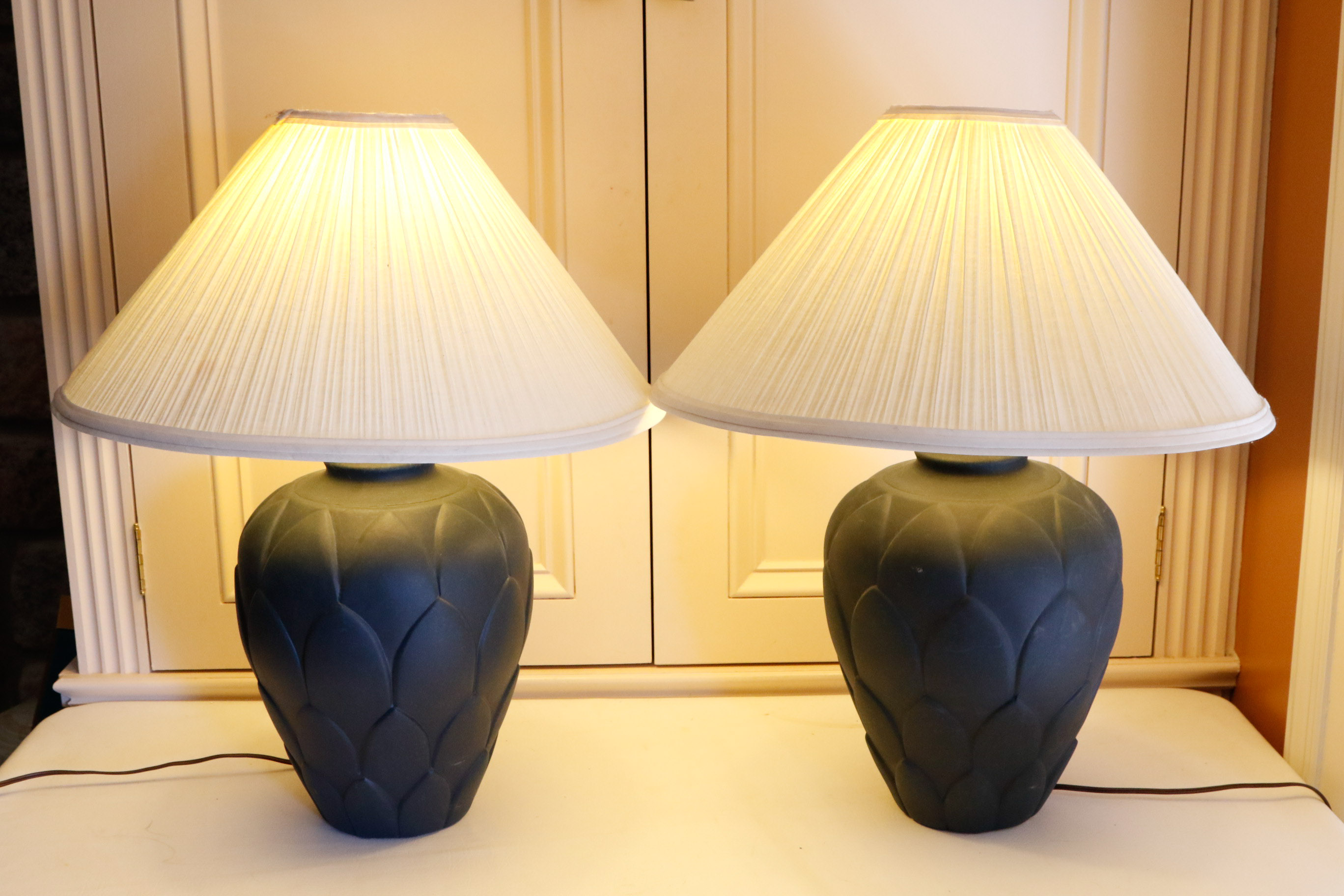 Set of Two Navy Ceramic Lamps
