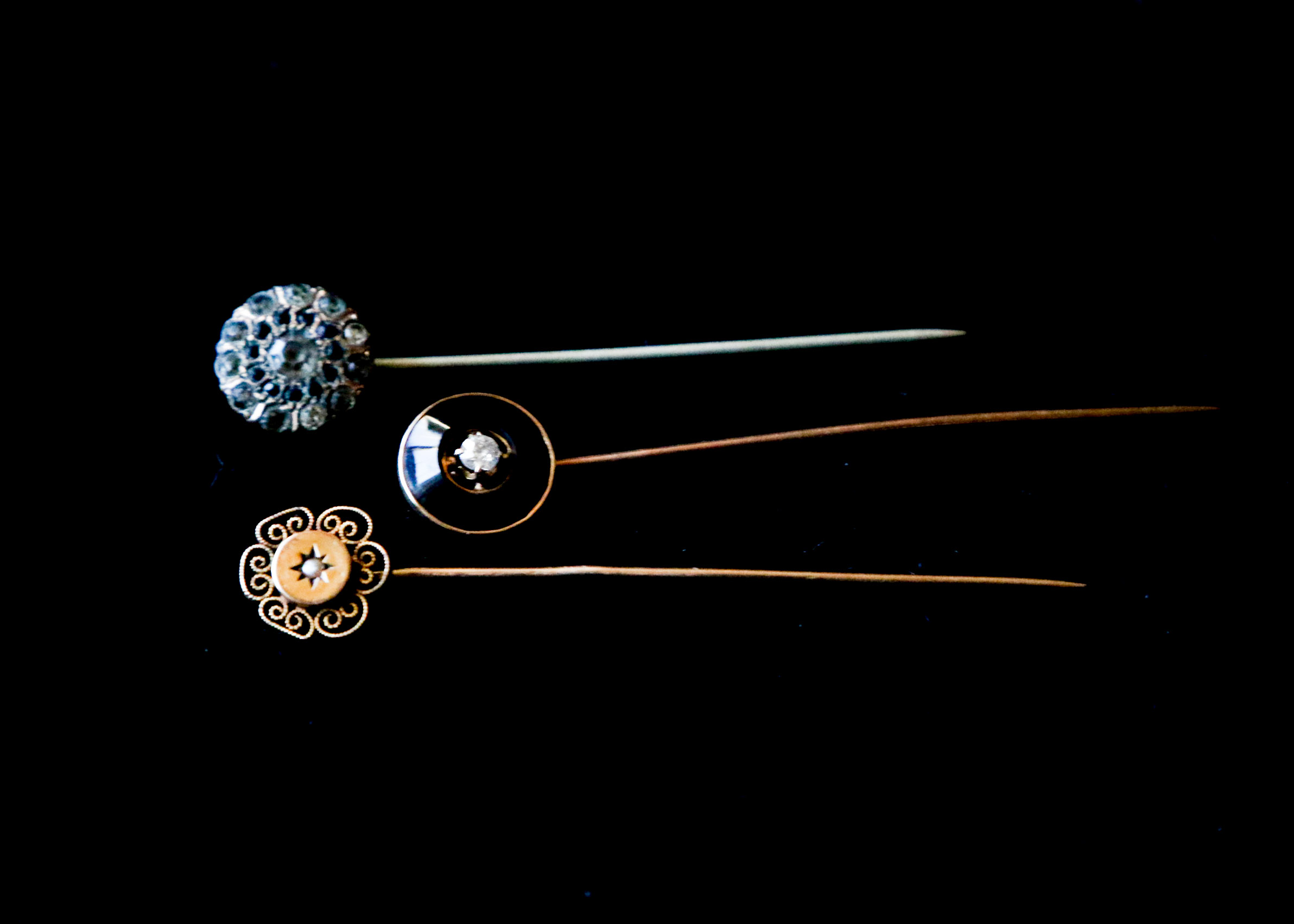 Three Victorian Stickpins including 10K Diamond, Jet and Pearl