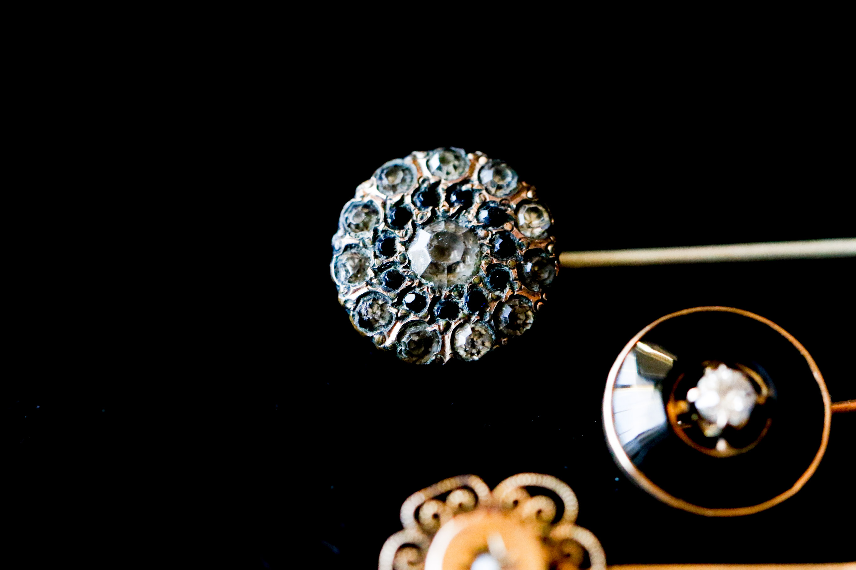 Three Victorian Stickpins including 10K Diamond, Jet and Pearl