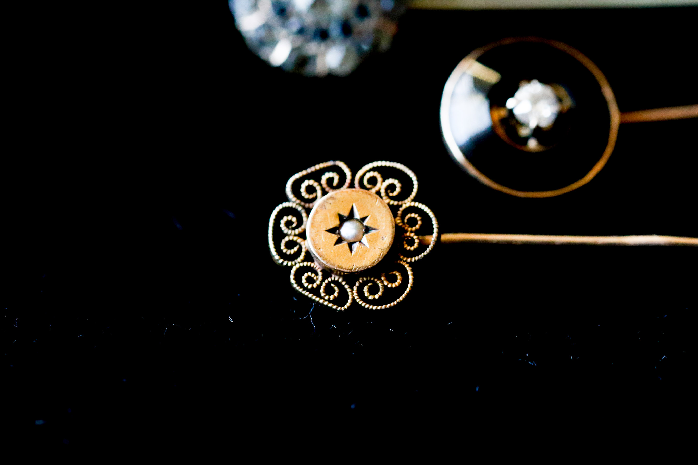 Three Victorian Stickpins including 10K Diamond, Jet and Pearl