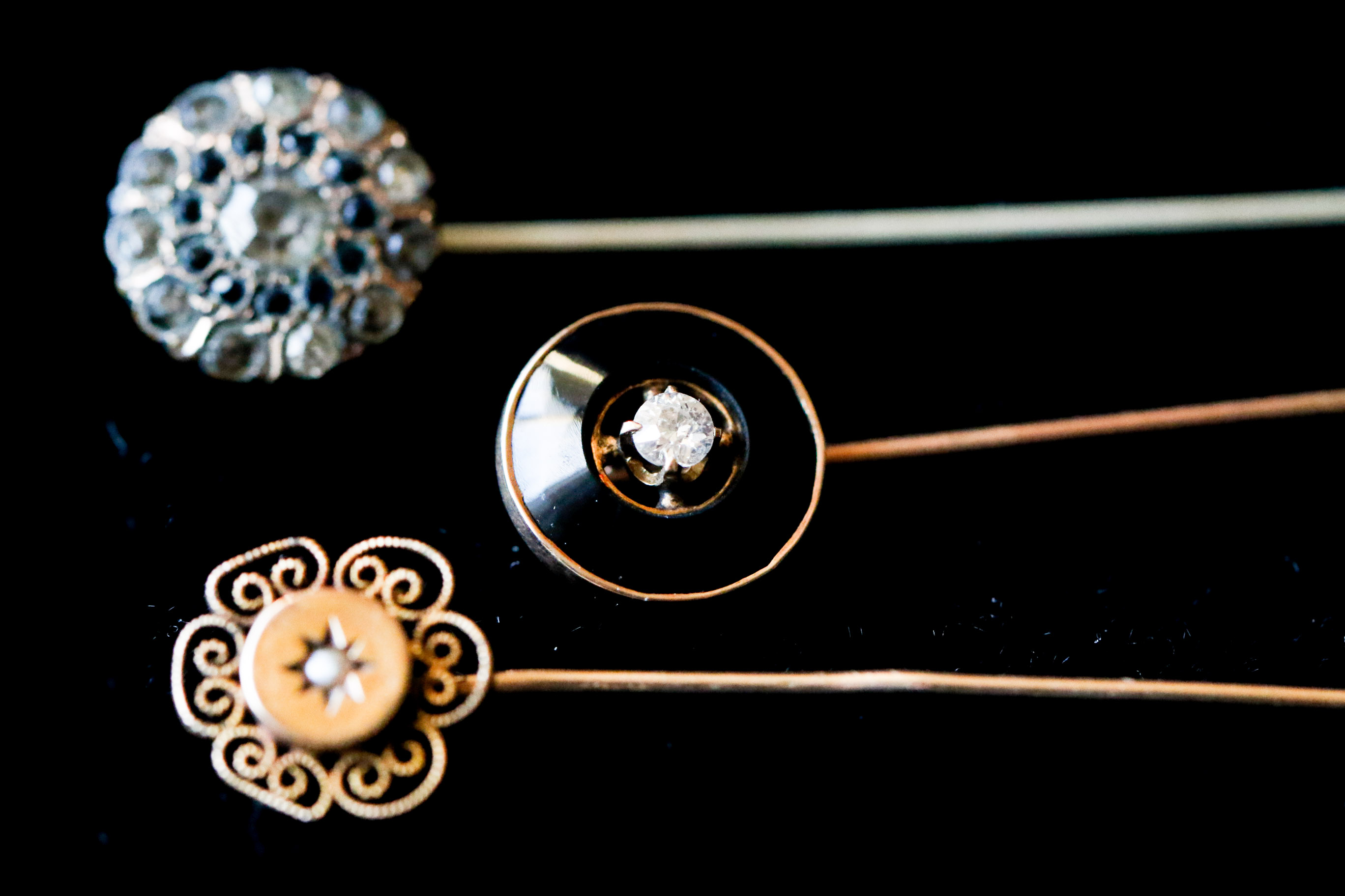 Three Victorian Stickpins including 10K Diamond, Jet and Pearl