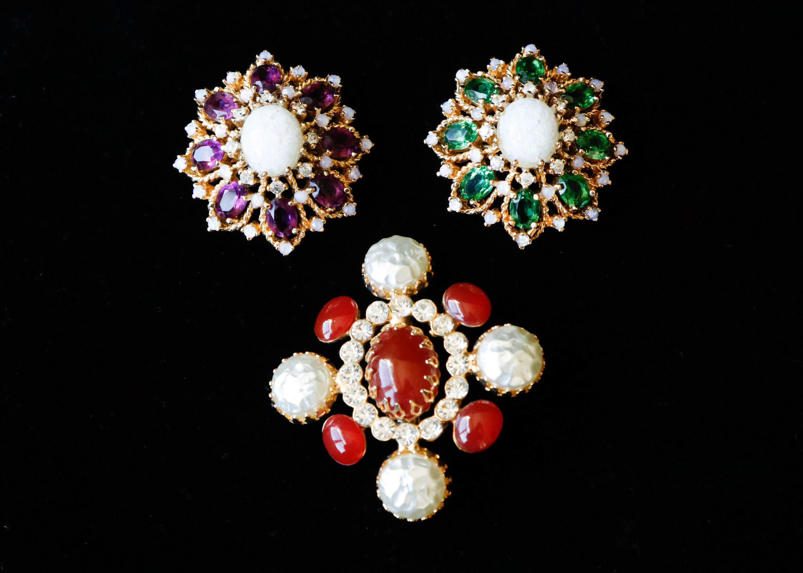 Trio of Vintage Colored Rhinestone Brooches