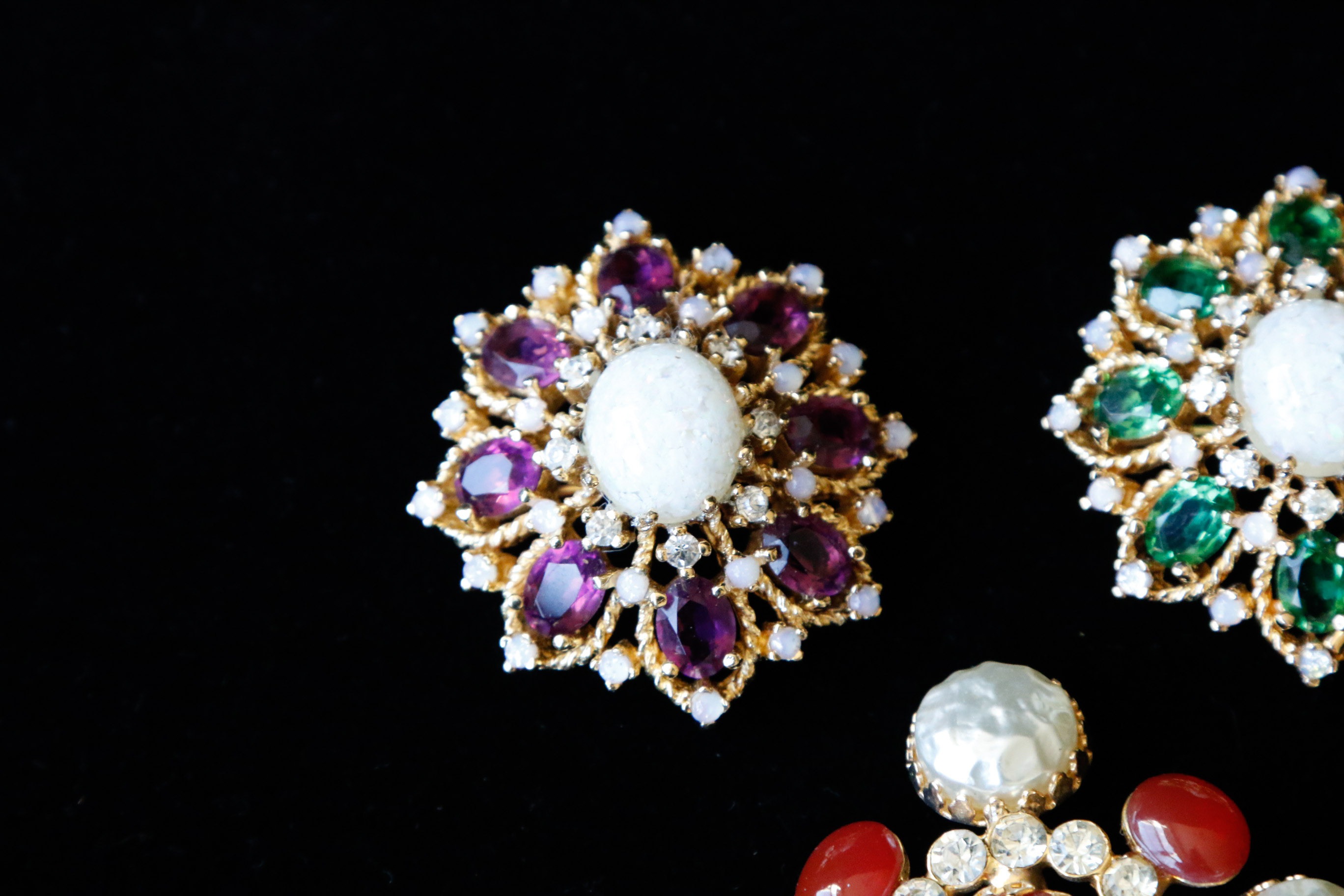 Trio of Vintage Colored Rhinestone Brooches