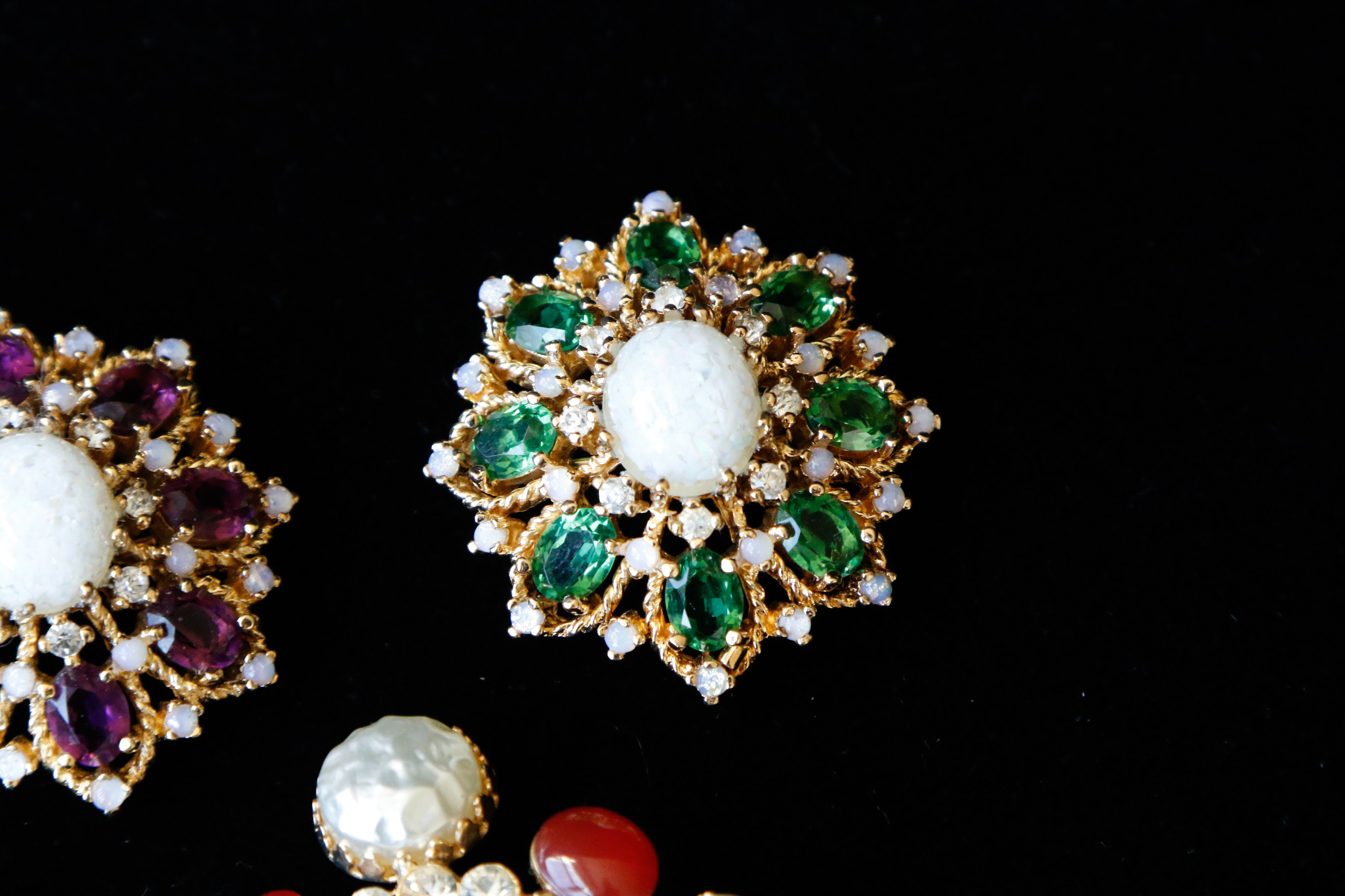 Trio of Vintage Colored Rhinestone Brooches