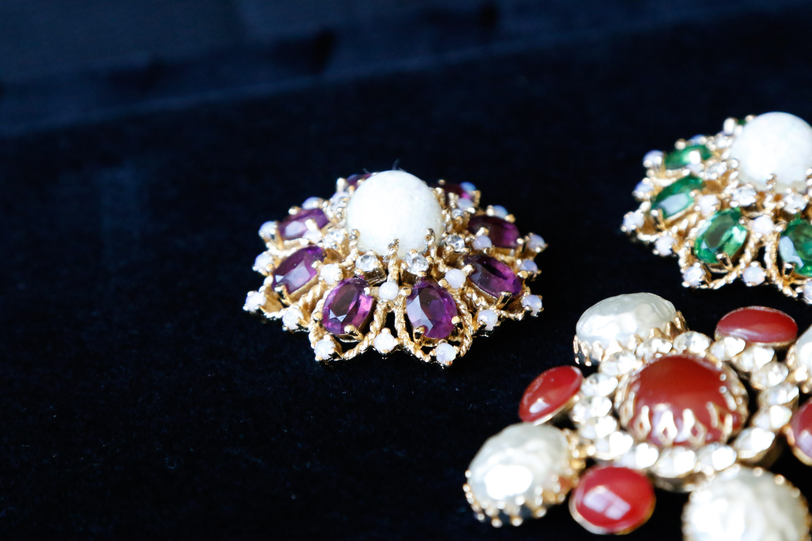 Trio of Vintage Colored Rhinestone Brooches
