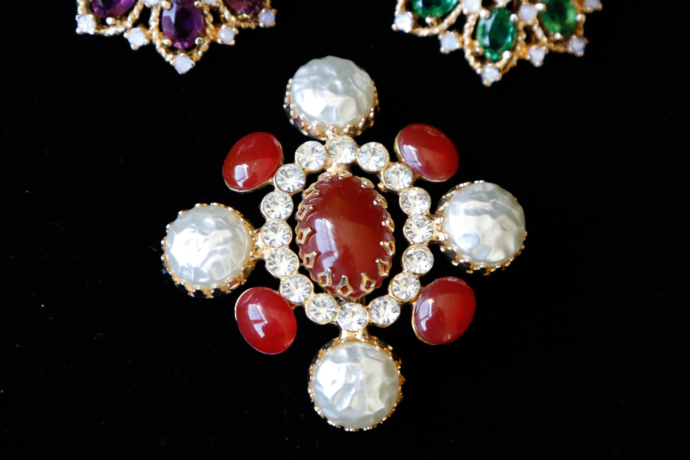 Trio of Vintage Colored Rhinestone Brooches