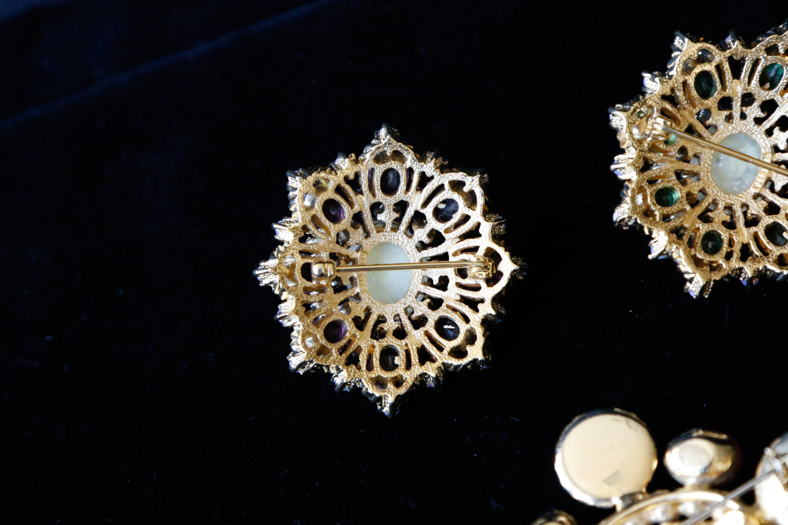 Trio of Vintage Colored Rhinestone Brooches