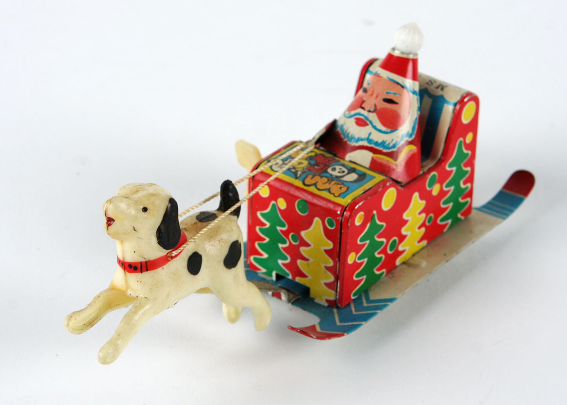 Tin Wind Up Dog Sled Santa