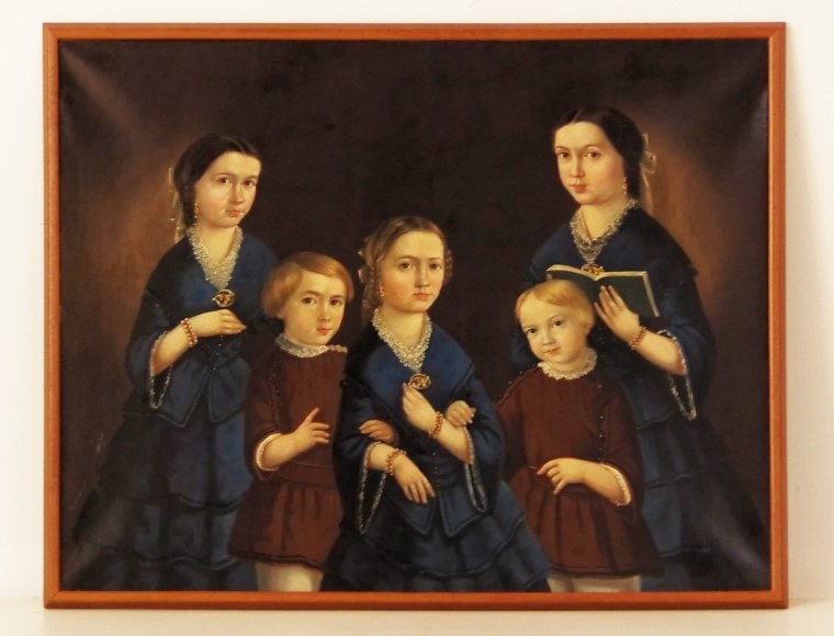 19c Primitive Folk Art Oil Painting Portrait Group of Children