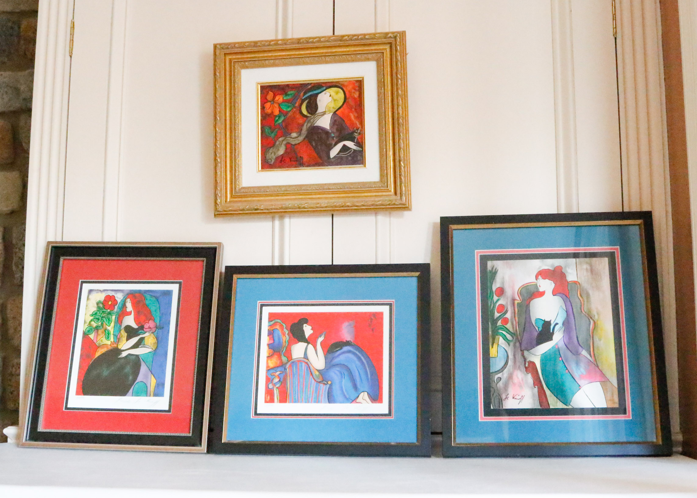 Four Framed Le Kinff Prints Featuring Feline Companions