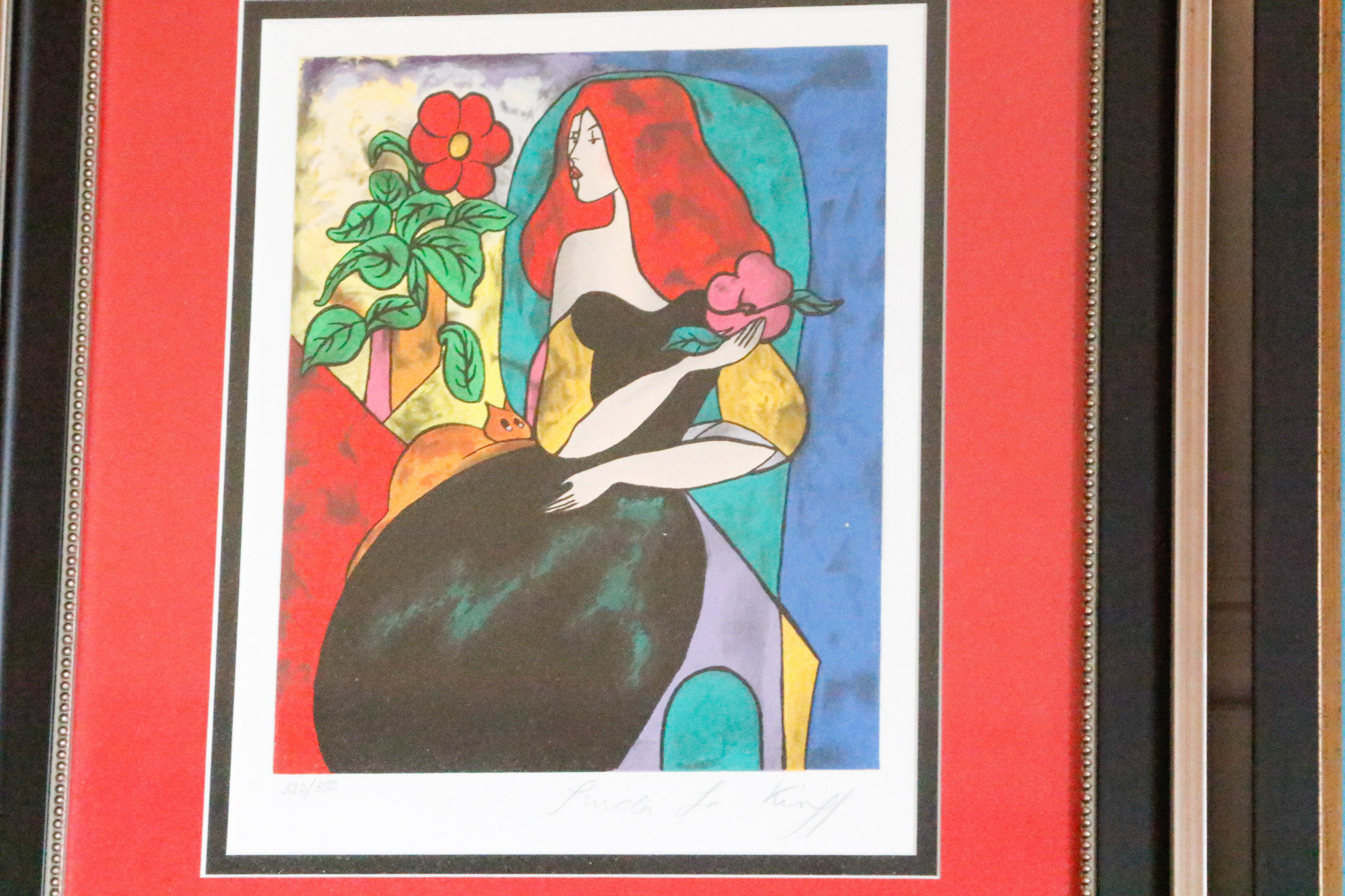 Four Framed Le Kinff Prints Featuring Feline Companions