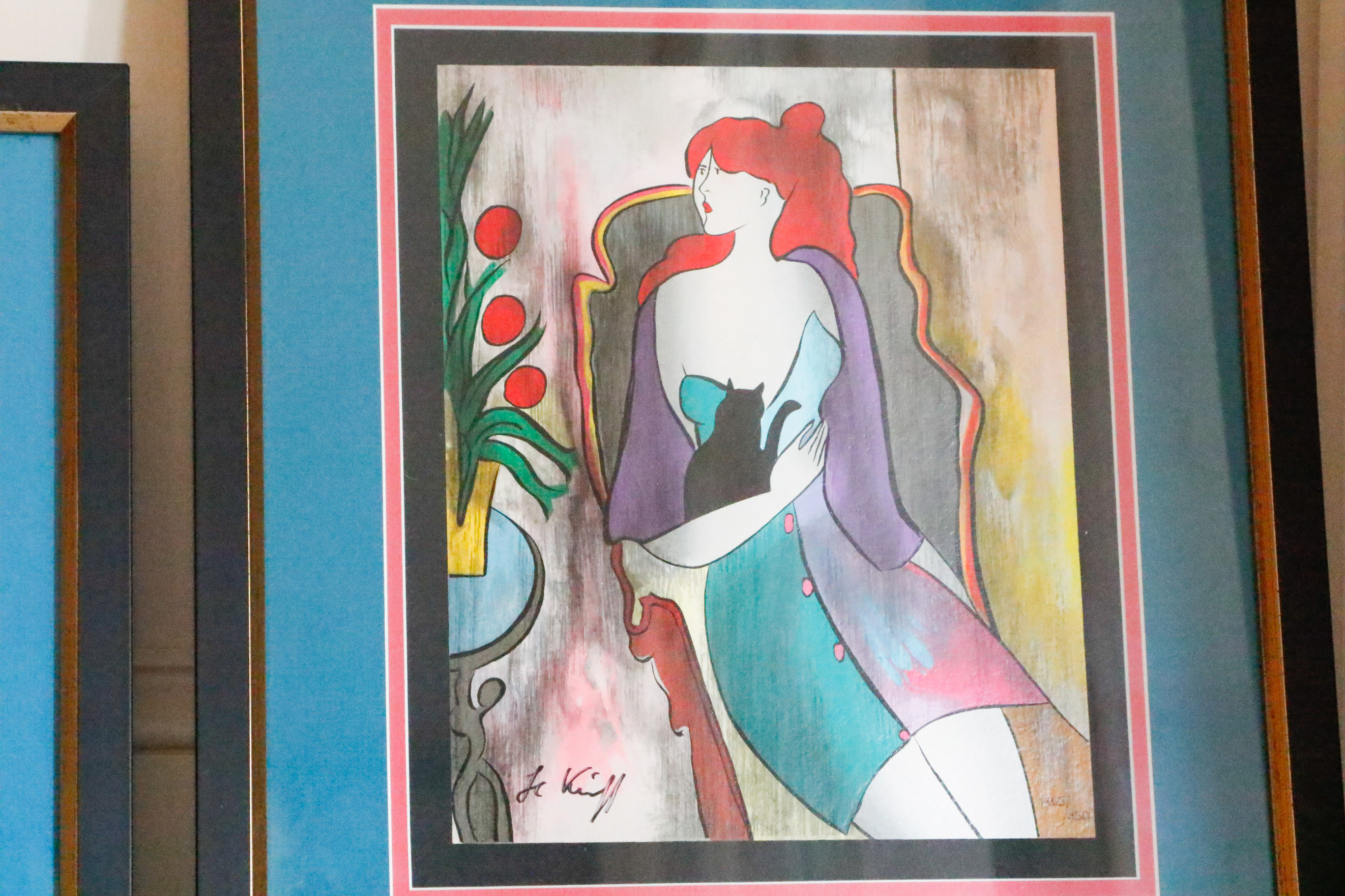 Four Framed Le Kinff Prints Featuring Feline Companions