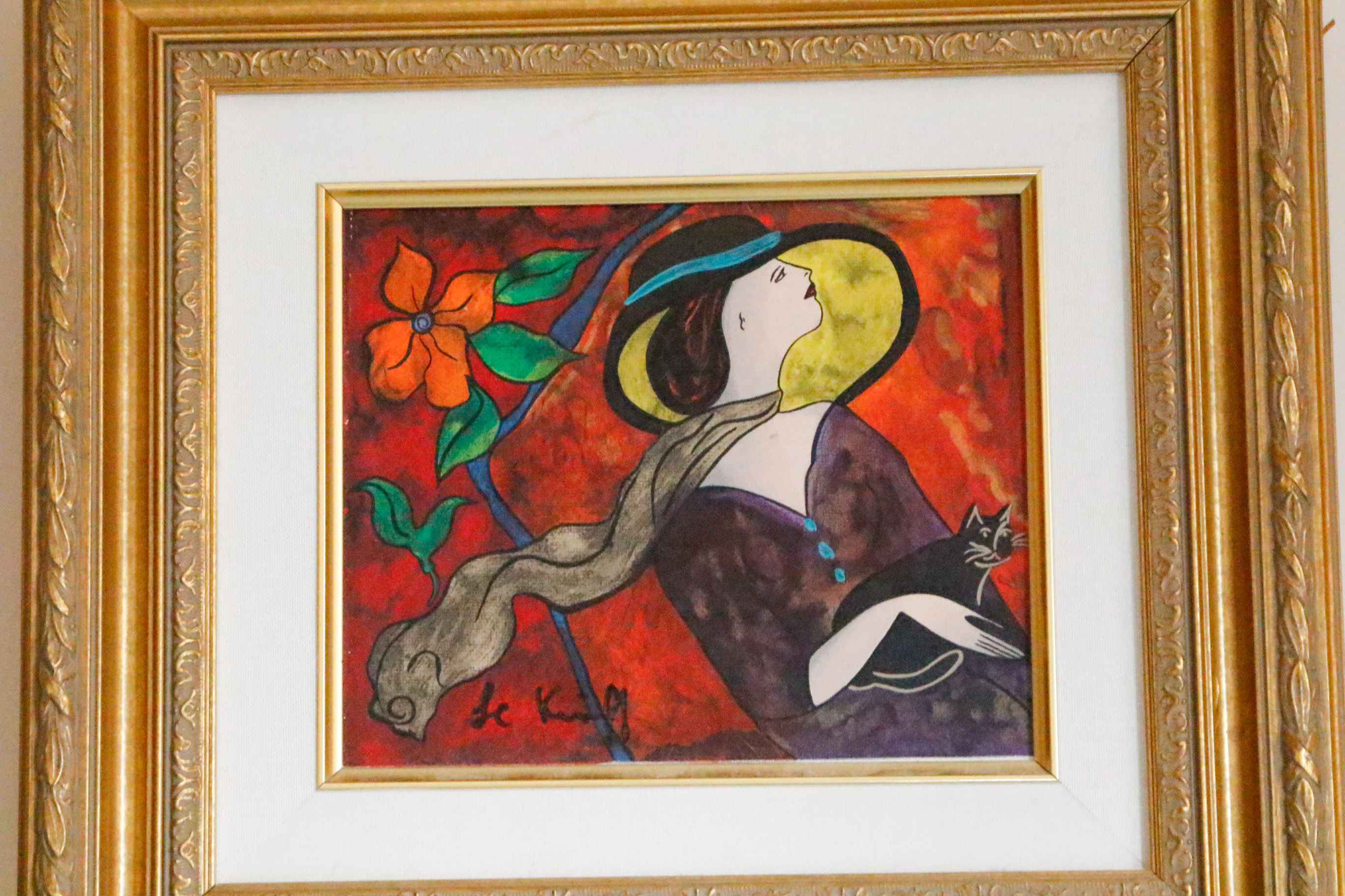 Four Framed Le Kinff Prints Featuring Feline Companions