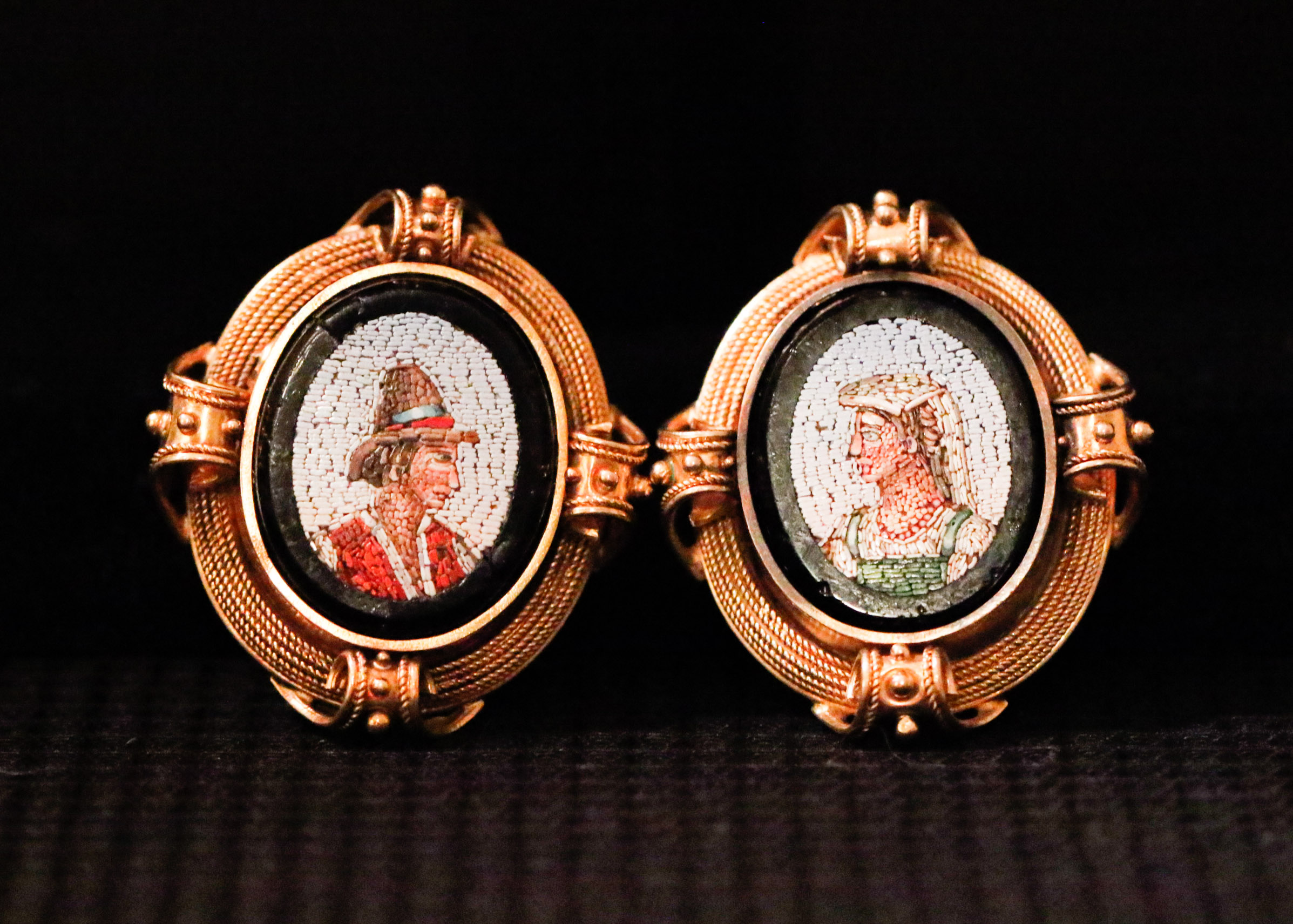 20K Gold Etruscan Style Micro Mosaic Clip-Back Earrings