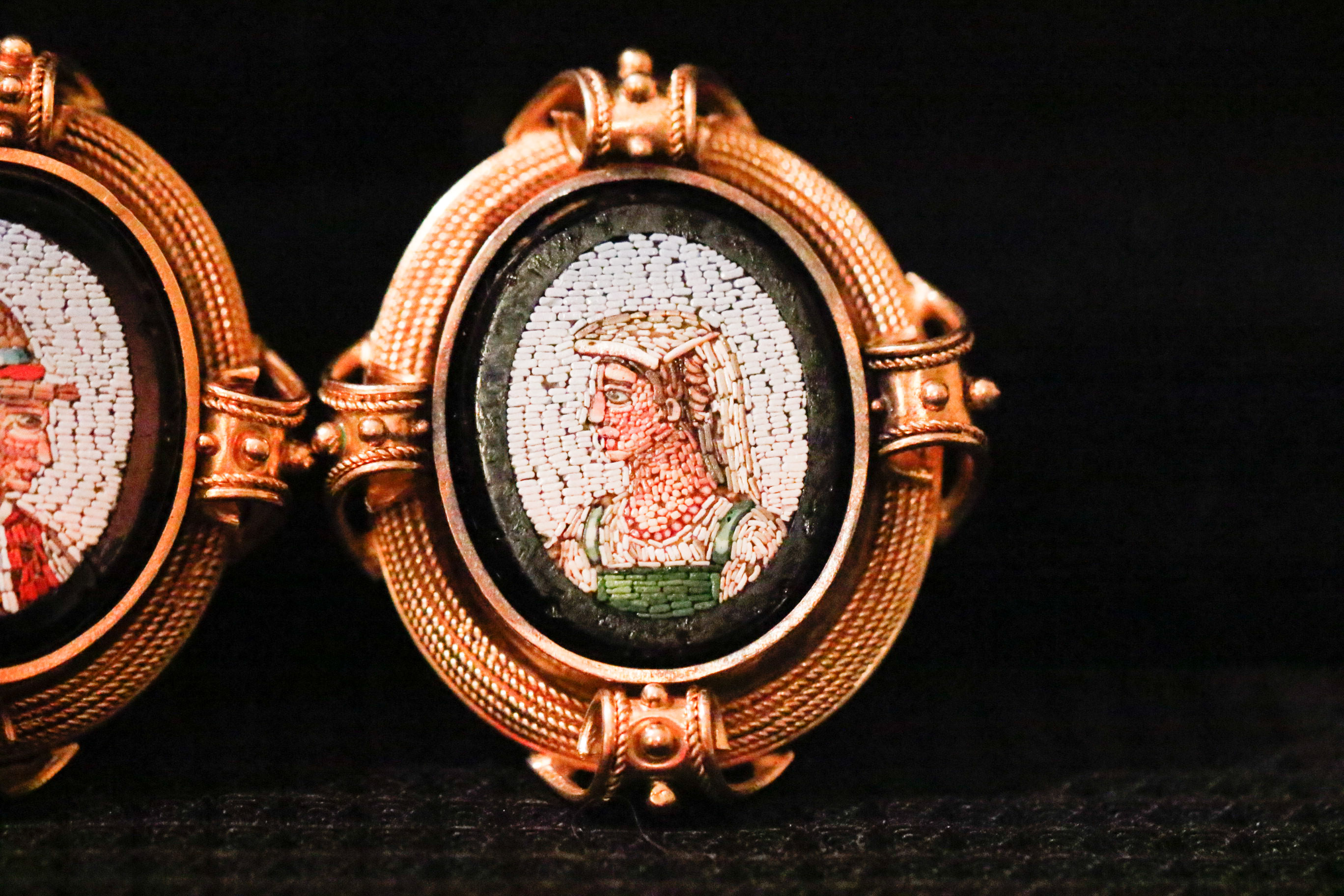 20K Gold Etruscan Style Micro Mosaic Clip-Back Earrings