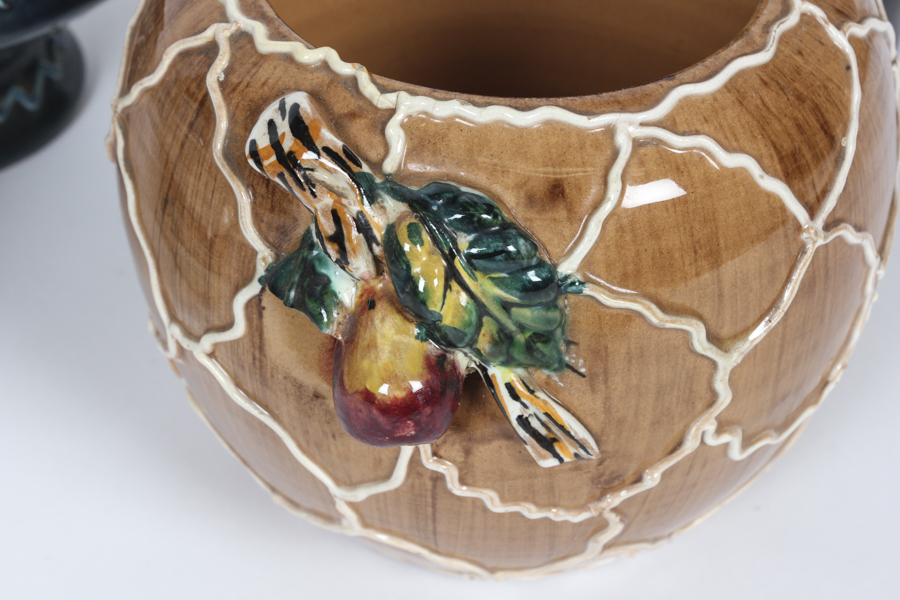 Two Glazed Pots and Glass Urn