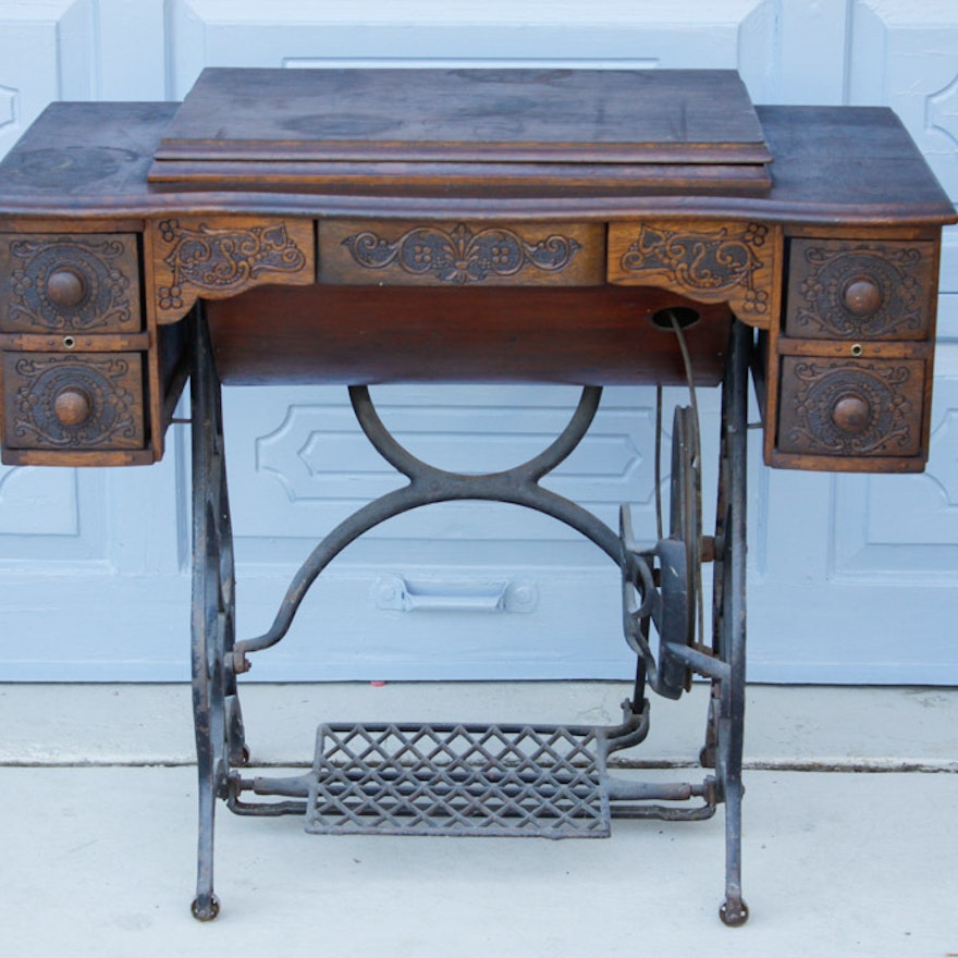 Antique National Sewing Machine Co. Treadle in Tiger Oak Cabinet