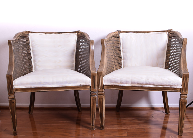 Pair of Upholstered Mid-Century Cane Armchairs