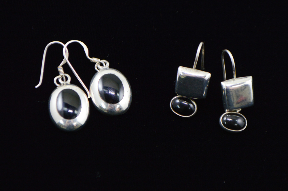 Two Pair of Sterling Silver and Onyx Earrings