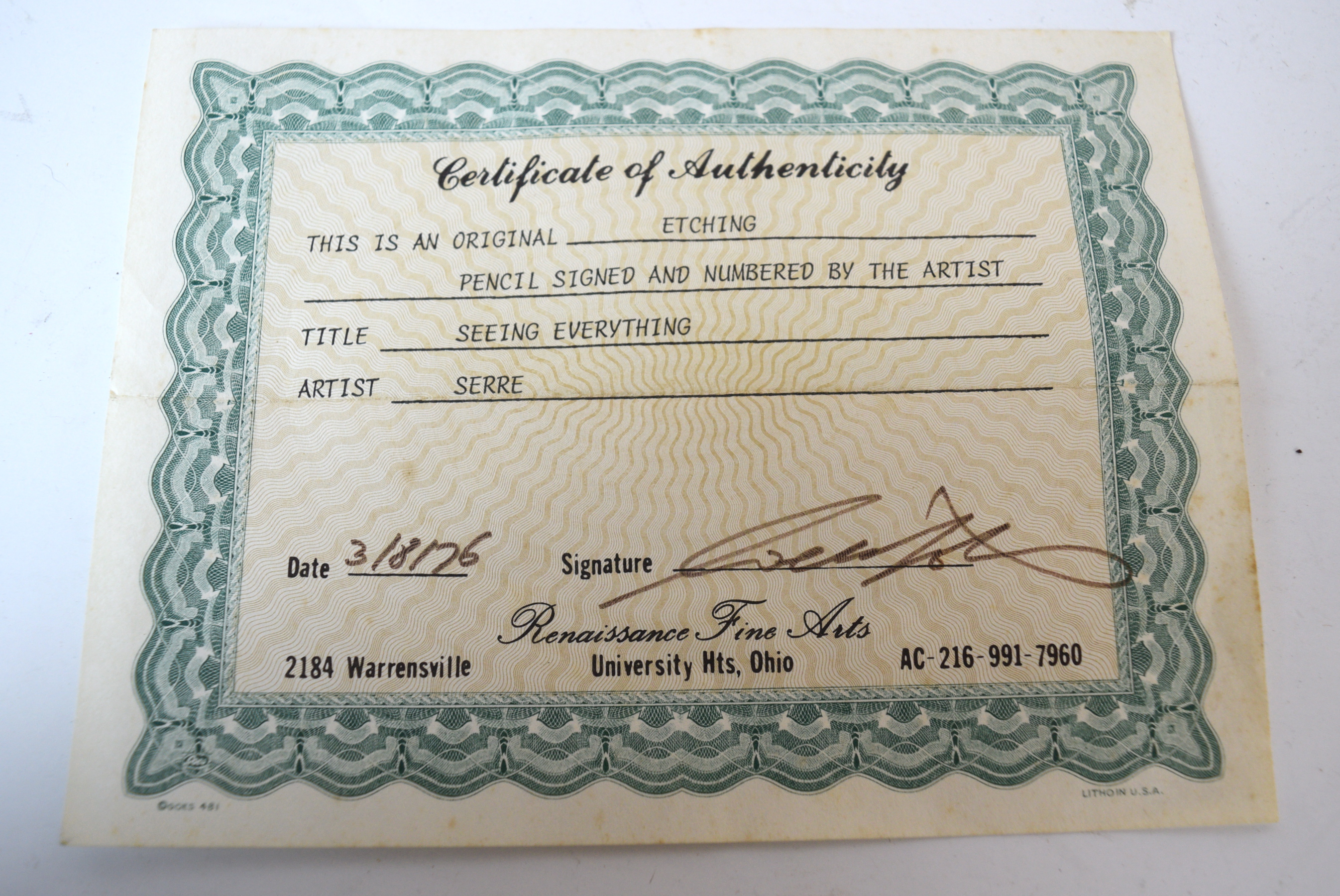 Claude Serre (1938-1998) 'Seeing Everything' Etching