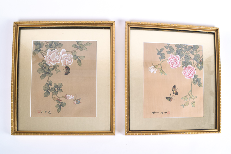 Pair of Floral Japanese Silk Prints