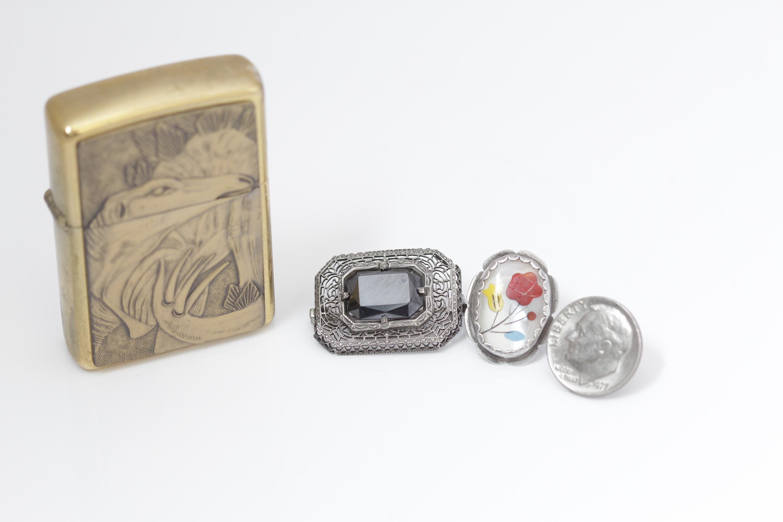 Vintage Zippo Lighter, Brooch and Golf Ball Markers
