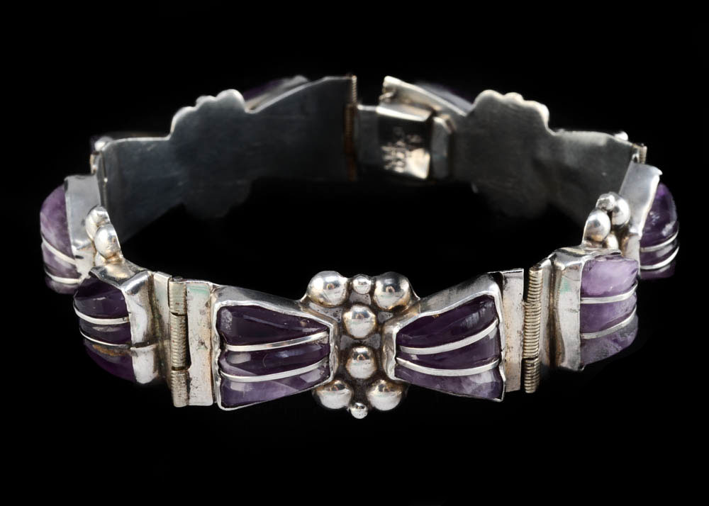 Mexican Sterling Silver and Amethyst Hinged Bracelet