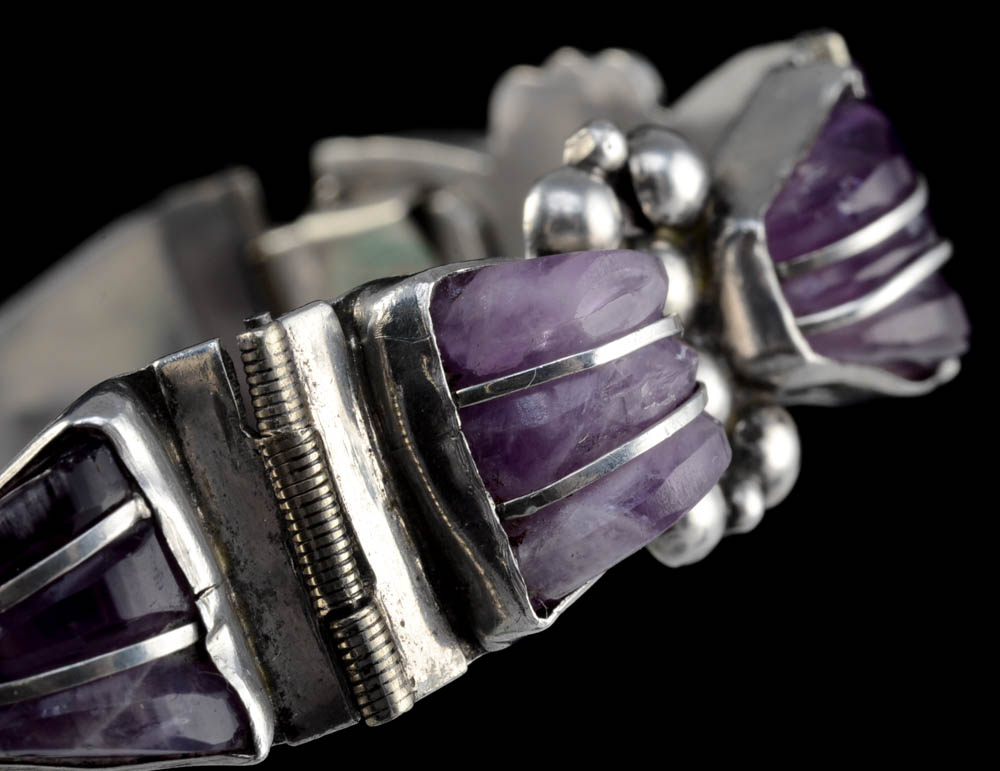 Mexican Sterling Silver and Amethyst Hinged Bracelet