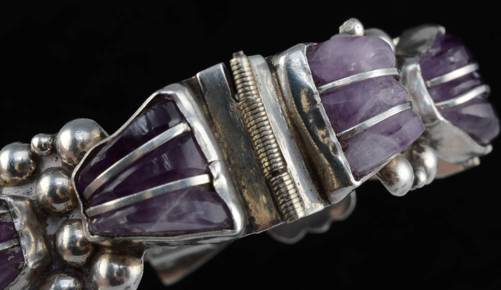 Mexican Sterling Silver and Amethyst Hinged Bracelet