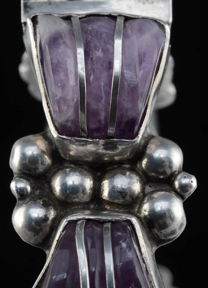 Mexican Sterling Silver and Amethyst Hinged Bracelet