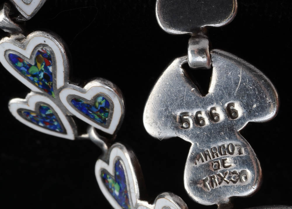 Margot De Taxco, Mexican Enameled on Sterling Link Bracelet