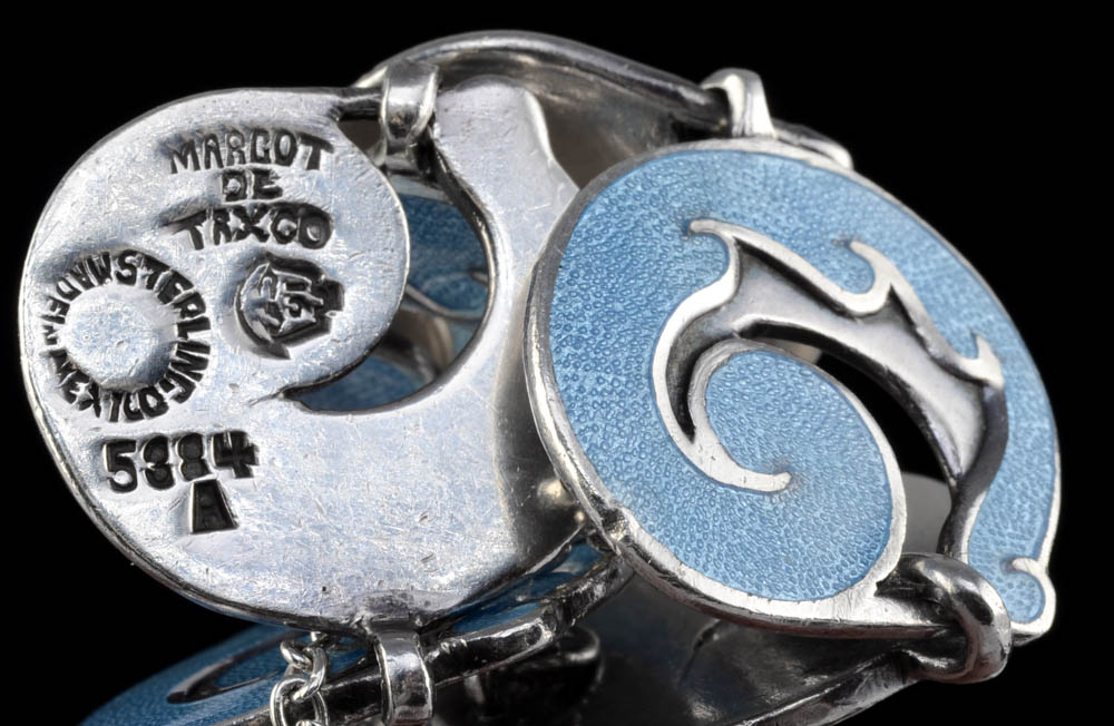 Margot De Taxco, Mexican Enameled on Sterling Link Bracelet